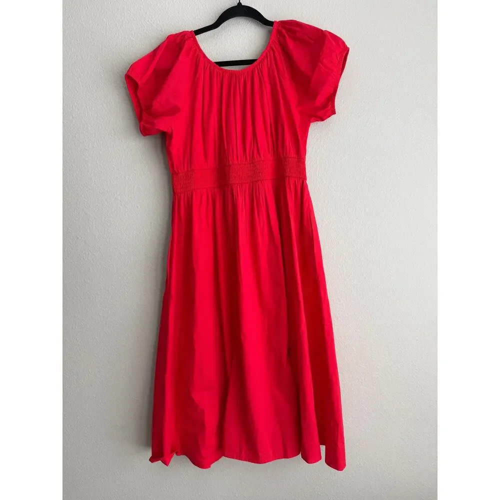 NWT J. Crew Sz LP Smocked Waist Midi Dress Bright Red Peasant Puff Sleeve Cotton